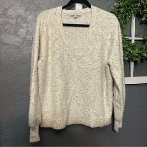 LOFT Women's Speckled gold Cream V-Neck Sweater larger
